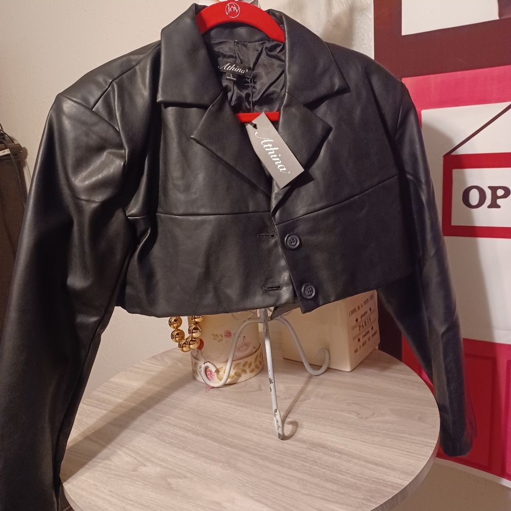 BLACK 2pc PU Leather Crop Jacket Set